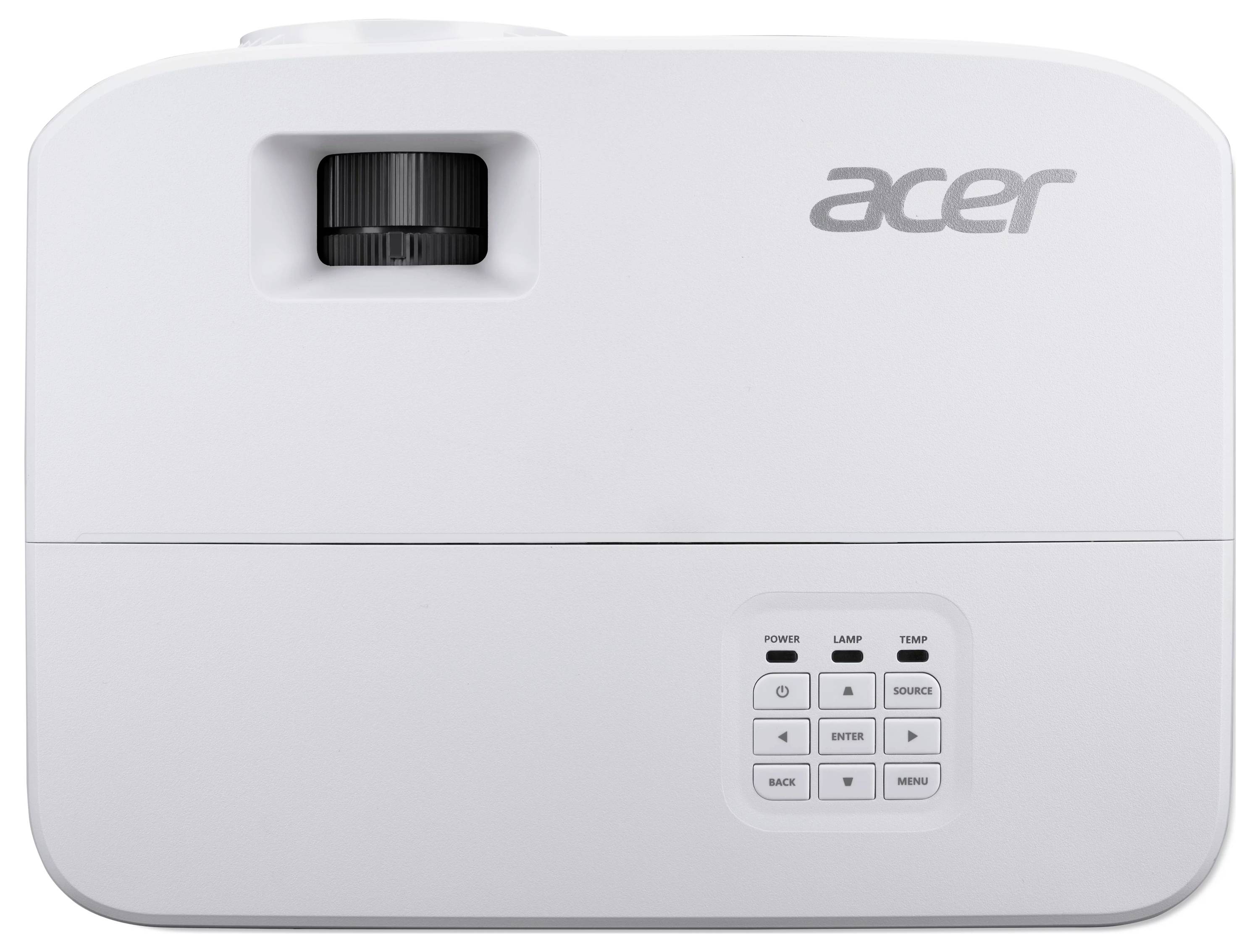 Weißer Acer-Projektor mit Objektiv oben links und Steuertasten unten rechts.
