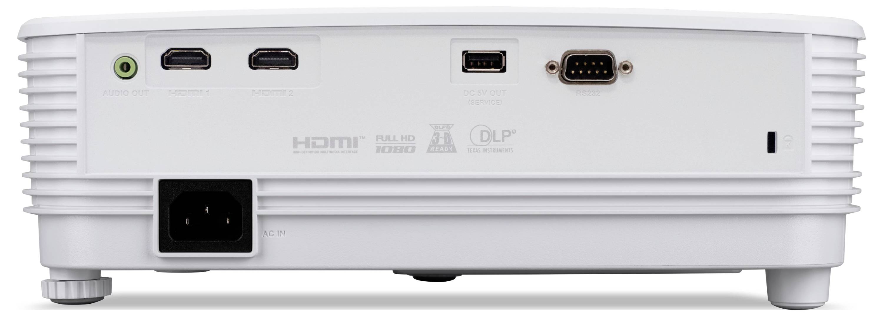 Rückansicht eines weißen Projektors mit Stromeingang, zwei HDMI-Anschlüssen, USB-Anschluss und VGA-Verbindung für externe Geräte.