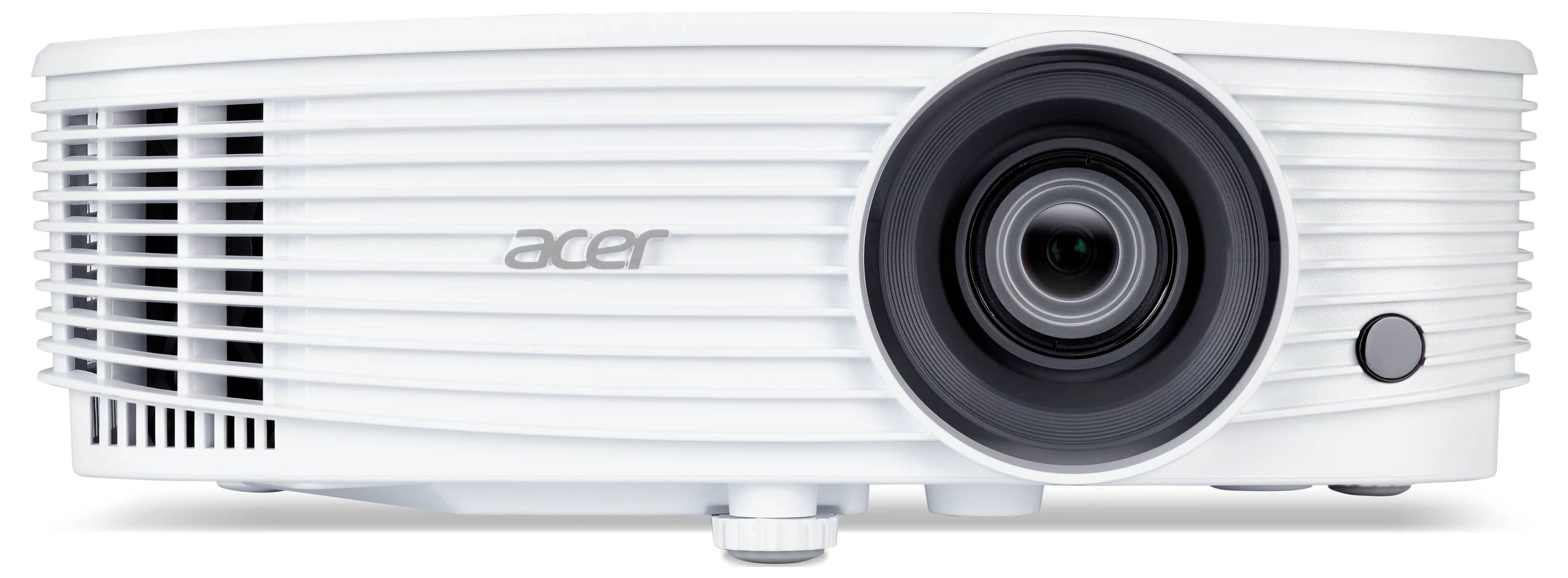 Weißer Acer-Projektor von vorne gezeigt, mit großer Linse auf der rechten Seite und Lüftungsschlitzen über dem Gehäuse.