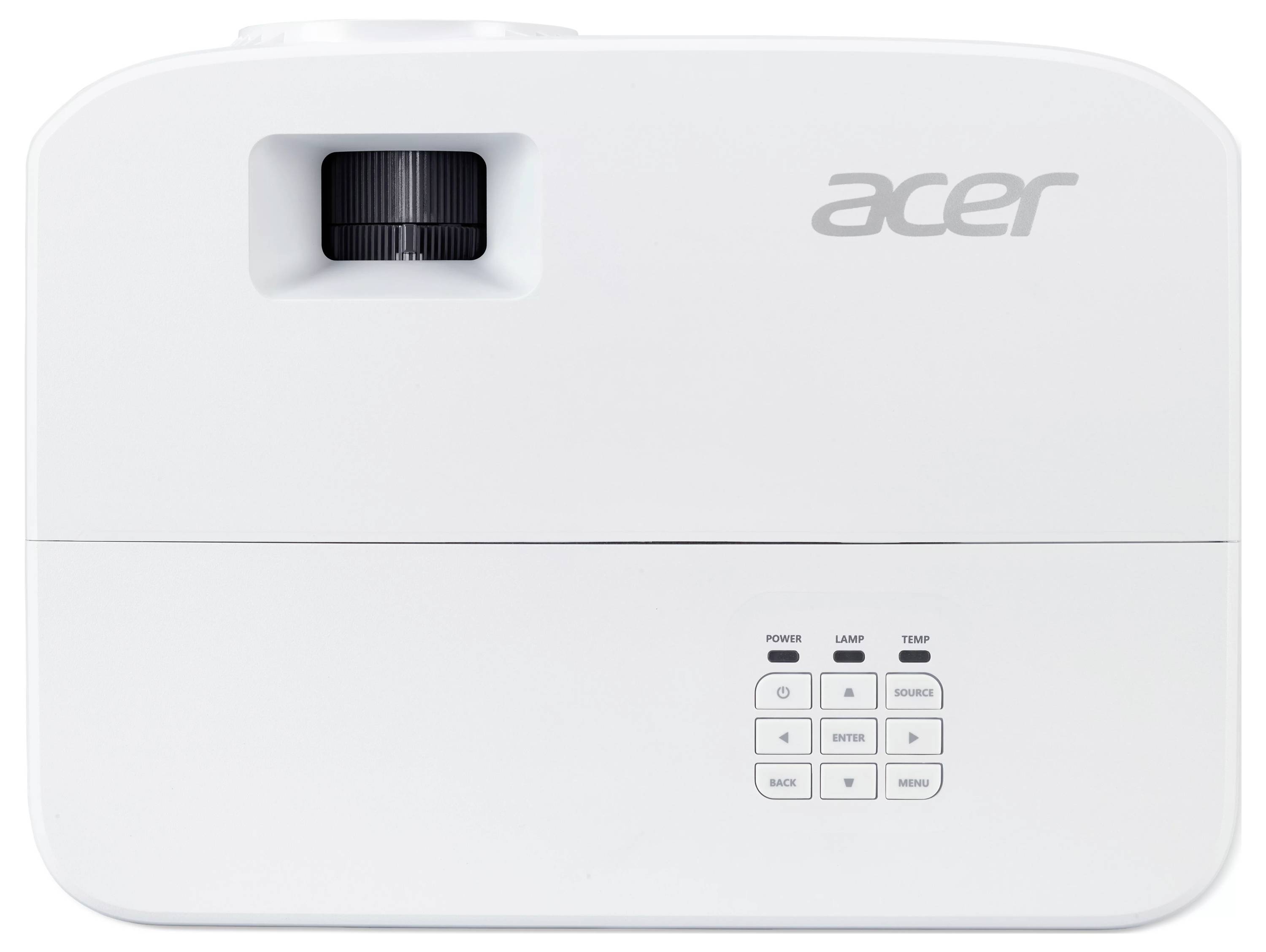 Weißer Acer-Projektor von oben betrachtet mit Objektiv auf der linken Seite und Steuertasten unten rechts.