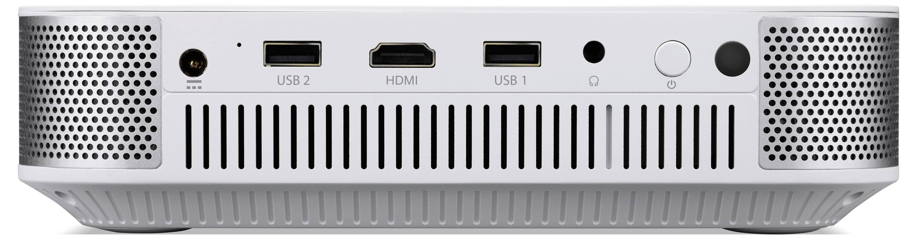 Rückseite eines kleinen Projektors mit zwei Lautsprechergittern, USB 2, HDMI, USB 1, Audiobuchse, Stromschalter und Belüftungsschlitzen.