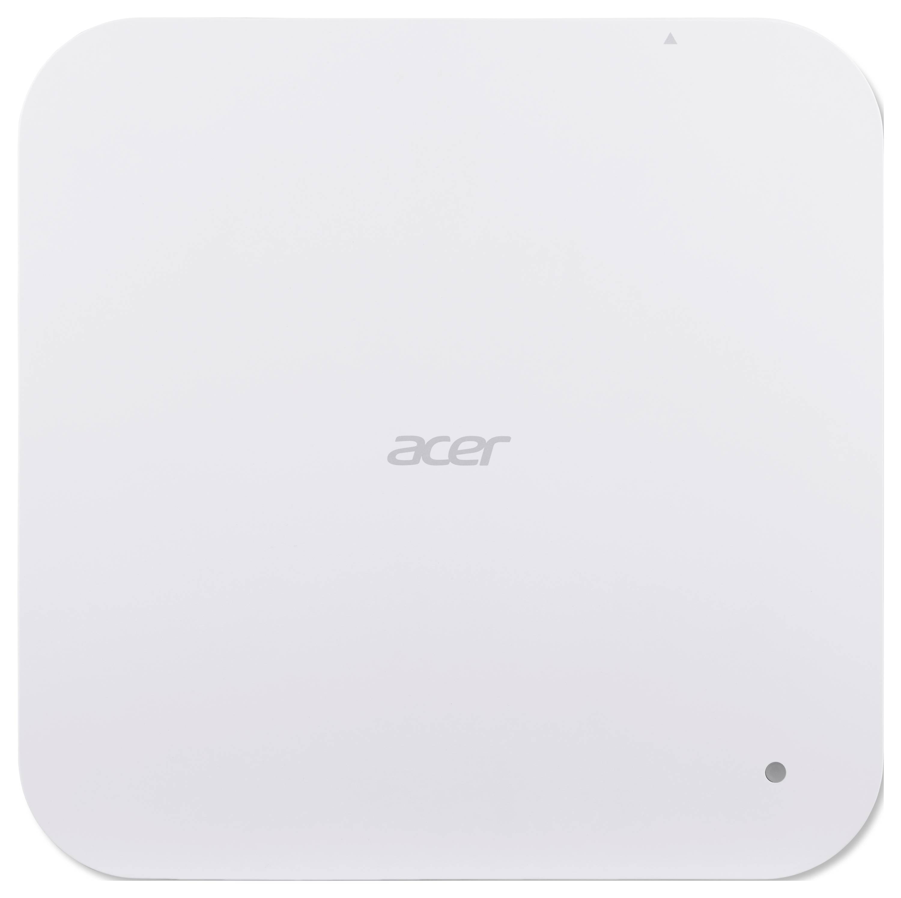 Weißes Acer-Gerät mit quadratischer Form und abgerundeten Ecken, zentriertes Logo, kleine Anzeige oben und Schaltfläche oder Sensor unten rechts.