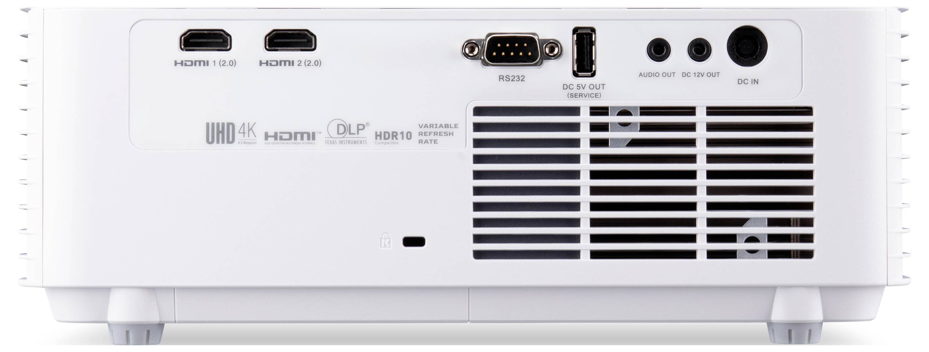 Rückansicht eines weißen UHD 4K-Projektors mit HDMI-, RS232- und Audioanschlüssen, DC-Strombuchse, Lüftungsgitter und verstellbaren Füßen.