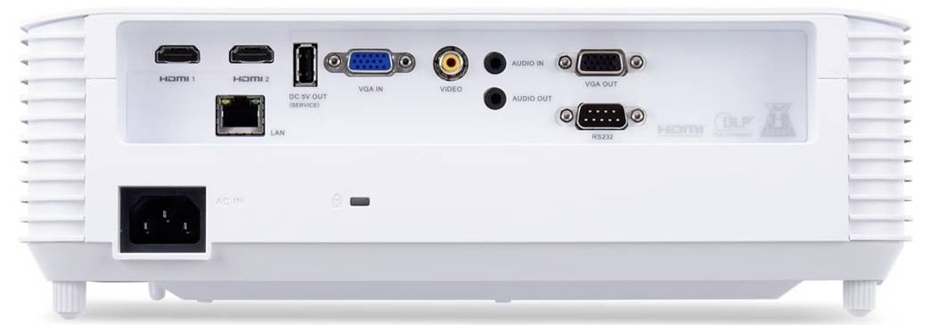 Rückansicht eines weißen Epson-Projektors mit Eingängen: HDMI, LAN, USB, VGA, Audio Ein-/Ausgang, RS-232C und Stromversorgung.