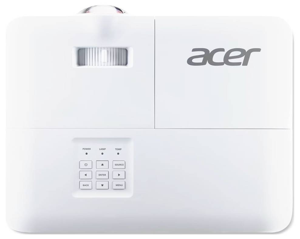 Weißer Acer-Projektor von oben gesehen, mit Objektiv oben, Lüftungsöffnung und Steuertasten auf der Frontblende.