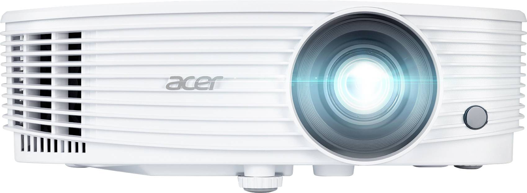 Vorderansicht eines weißen Acer-Beamers mit leuchtender Linse und belüfteten Lüftungsschlitzen.