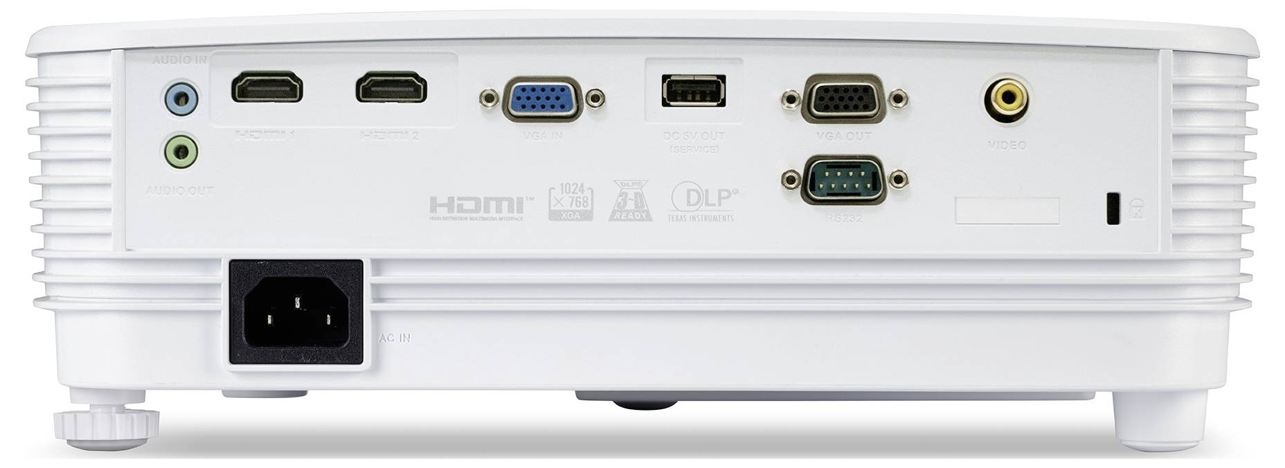 Rückansicht eines weißen Projektors mit Stromeingang, HDMI-Anschlüssen, VGA-, Seriell- und Audio-/Videoverbindungen.