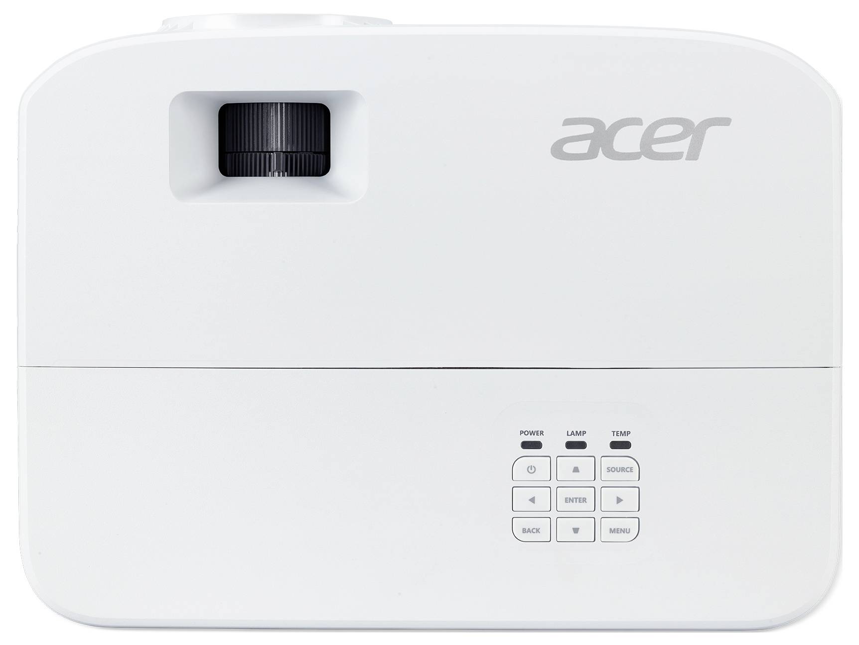 Weißer Acer-Projektor von oben fotografiert mit Linse auf der linken Seite und Bedientasten auf der unteren rechten Seite.
