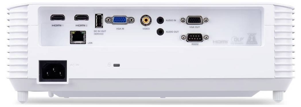 Rückansicht eines weißen Projektors mit Stromeingang und Anschlussports, einschließlich HDMI, USB, VGA, Video, Audio, LAN und RS-232.