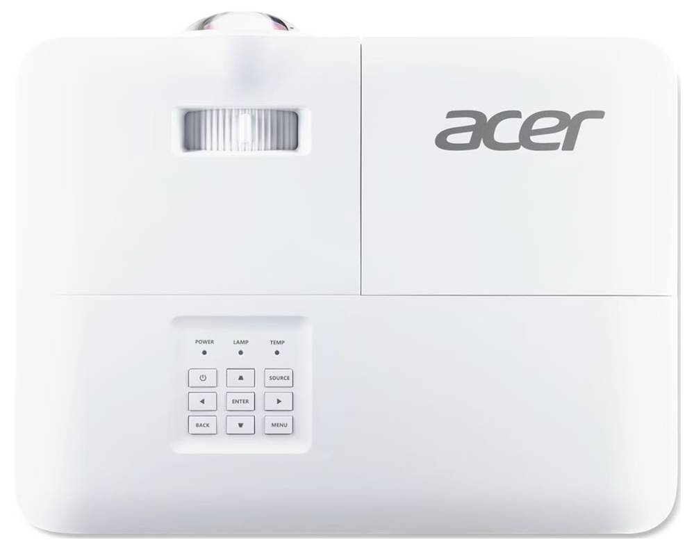 Weißer Acer-Projektor von oben betrachtet, mit Objektiv oben links und Steuertasten auf der vorderen Bedienleiste.