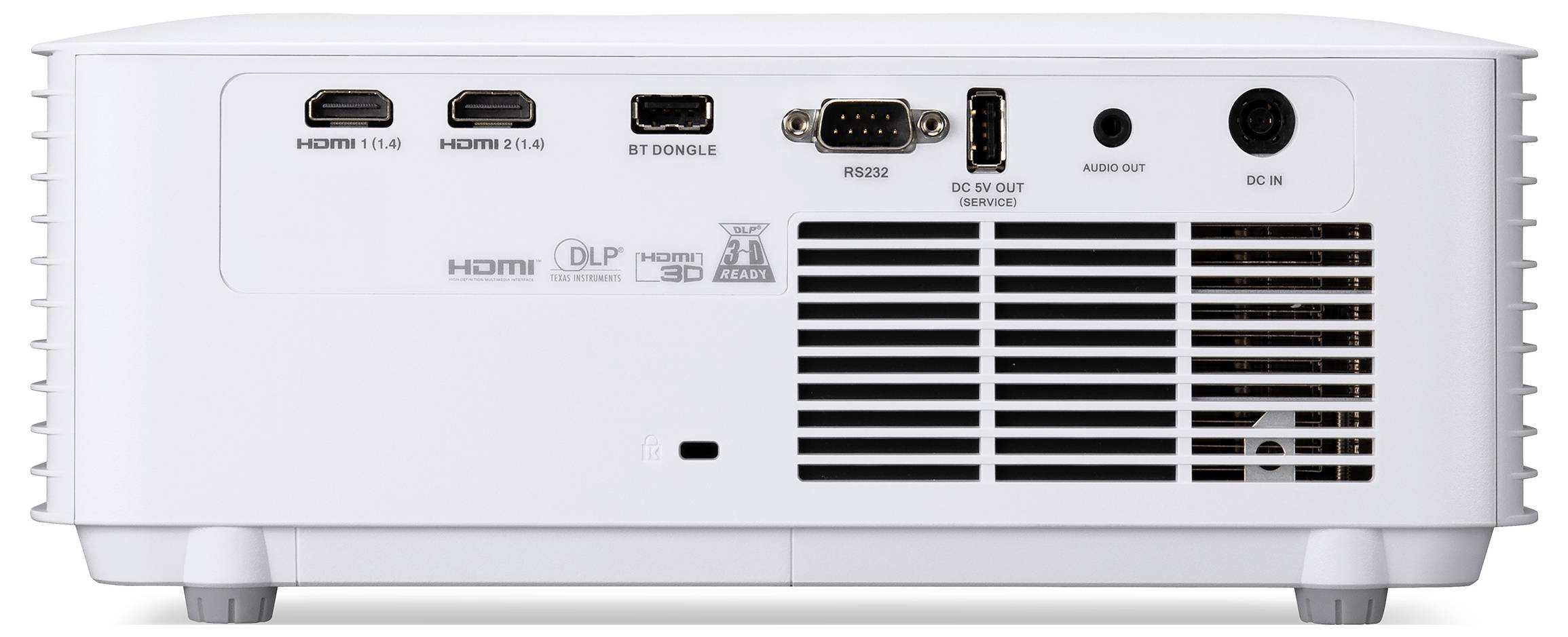 Rückansicht eines weißen Projektors mit Anschlussanschlüssen: zwei HDMI-Eingänge, BT-Dongle, RS232, DC 5V-Ausgang, Audioausgang und DC-Eingang neben großen Lüftungsgittern.