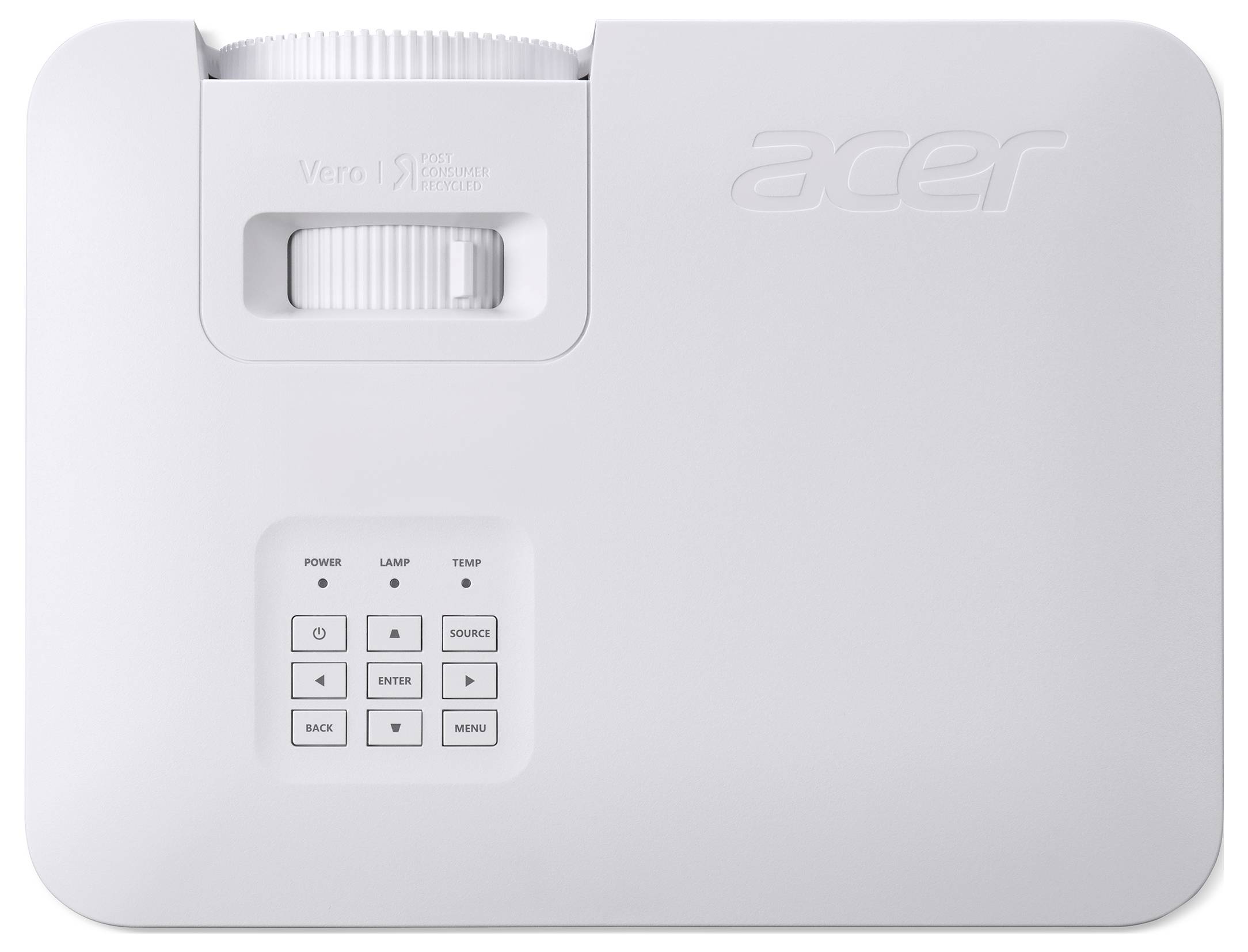 Draufsicht eines weißen Acer-Projektors mit sichtbarem Objektiv und Steuertasten.