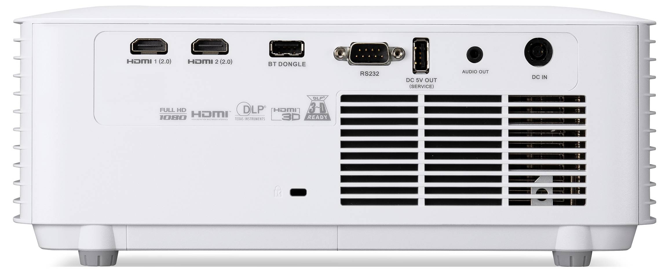 Rückansicht eines weißen Projektors mit HDMI 1.4, HDMI 2.0, BT-Dongle, RS232, DC 12V, Audioausgang und Stromeingangsanschlüssen sowie Lüftungsgitter.