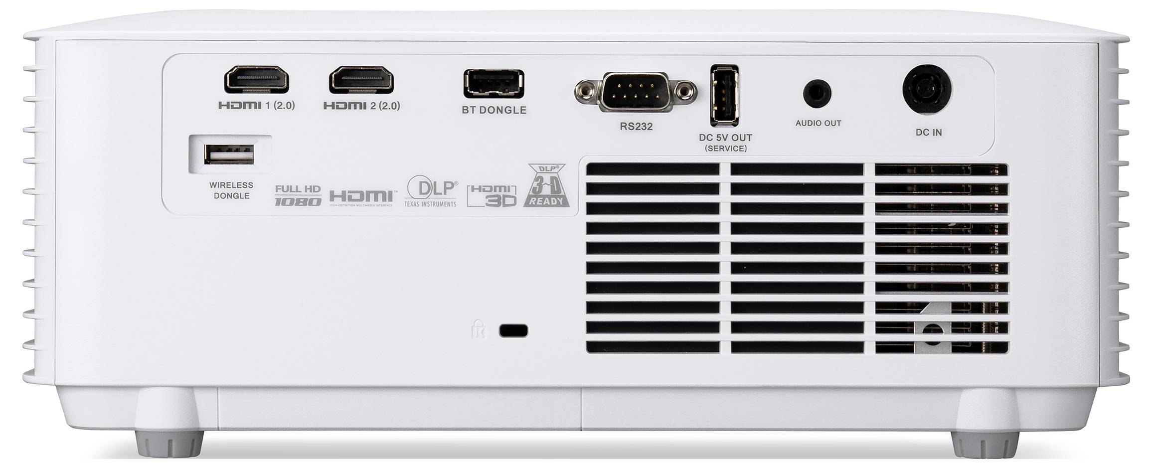 Rückansicht eines weißen Projektors mit HDMI-, USB-, Bluetooth-Dongle-, Seriell-, DC 5V-, Audio-Ausgang- und Stromeingangs-Anschlüssen sowie Belüftungsgitter.