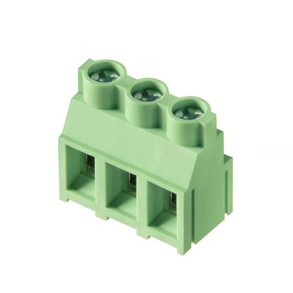 Grüner dreipositionen Schraubklemmblock-Stecker mit drei oberen Schrauben und drei Drahteingangsöffnungen.