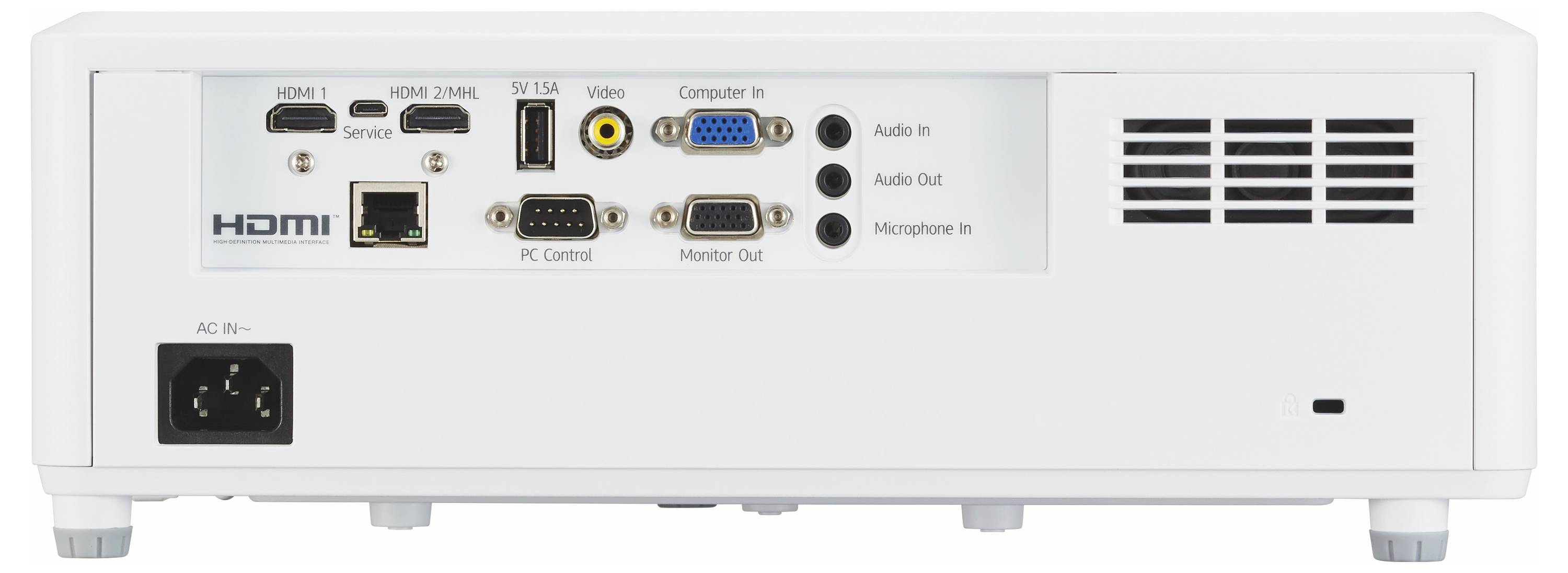 Rückseite eines Projektors mit HDMI-, USB-, VGA-, Audio-Ein-/Ausgang-, Mikrofon-, Steuerungs- und Monitor-Out-Anschlüssen sowie Stromeingang und Lüftungsgitter.