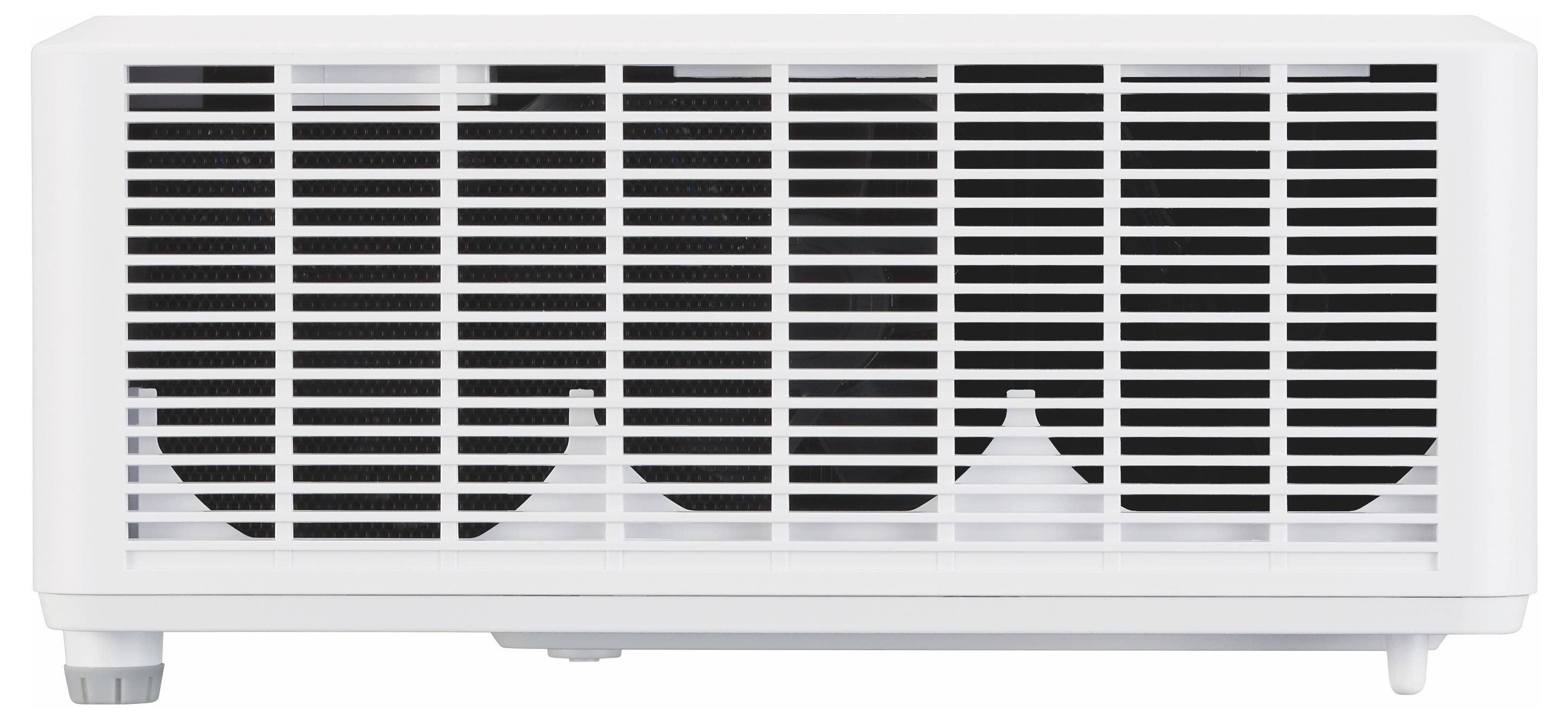 Weißer rechteckiger Luftreiniger oder Ventilator mit horizontalen Lamellen und vier Füßen, Vorderansicht auf weißem Hintergrund dargestellt.