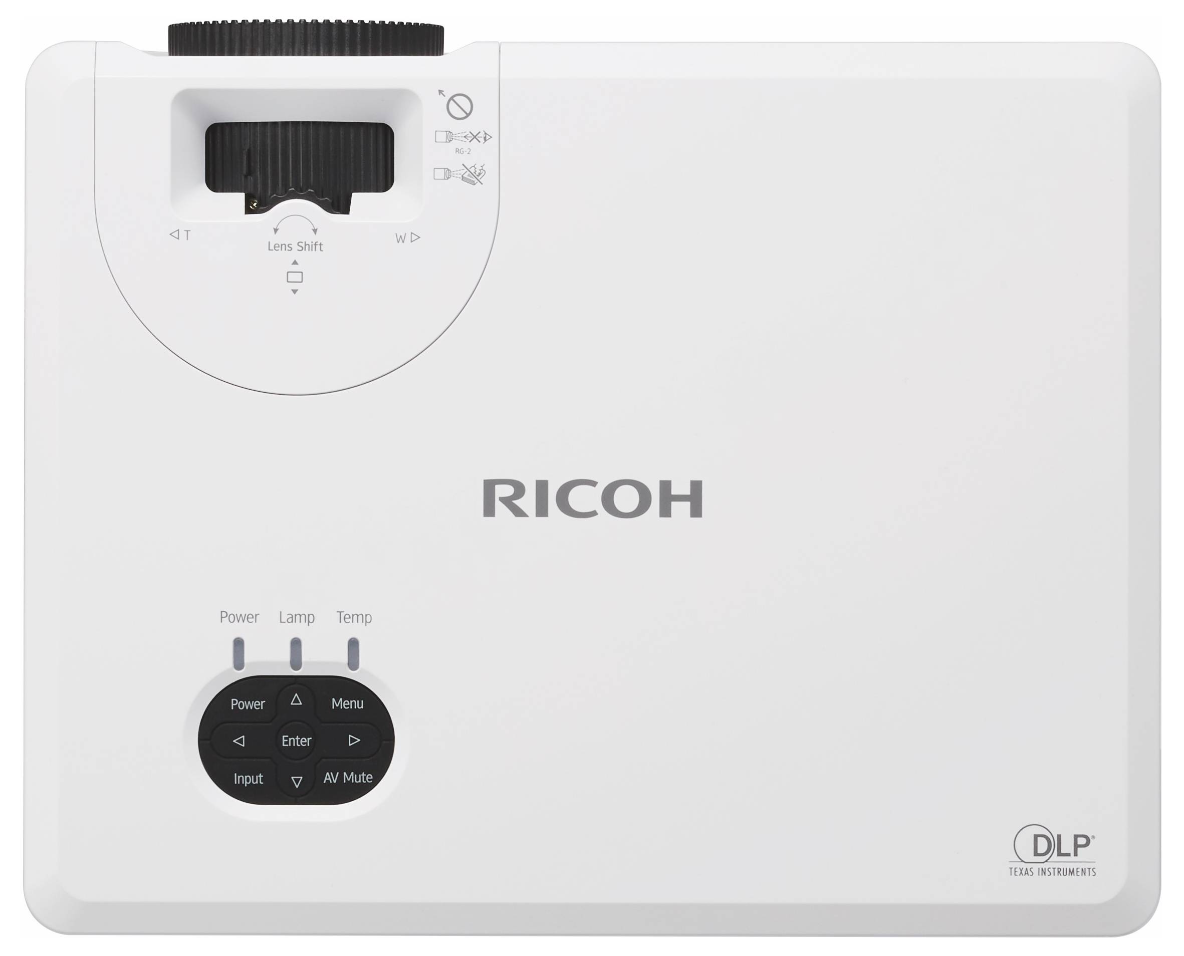 Weißer Ricoh DLP-Projektor von oben gesehen, zeigt die Linsenverschiebesteuerung, Power-/Menütasten und das DLP-Logo.