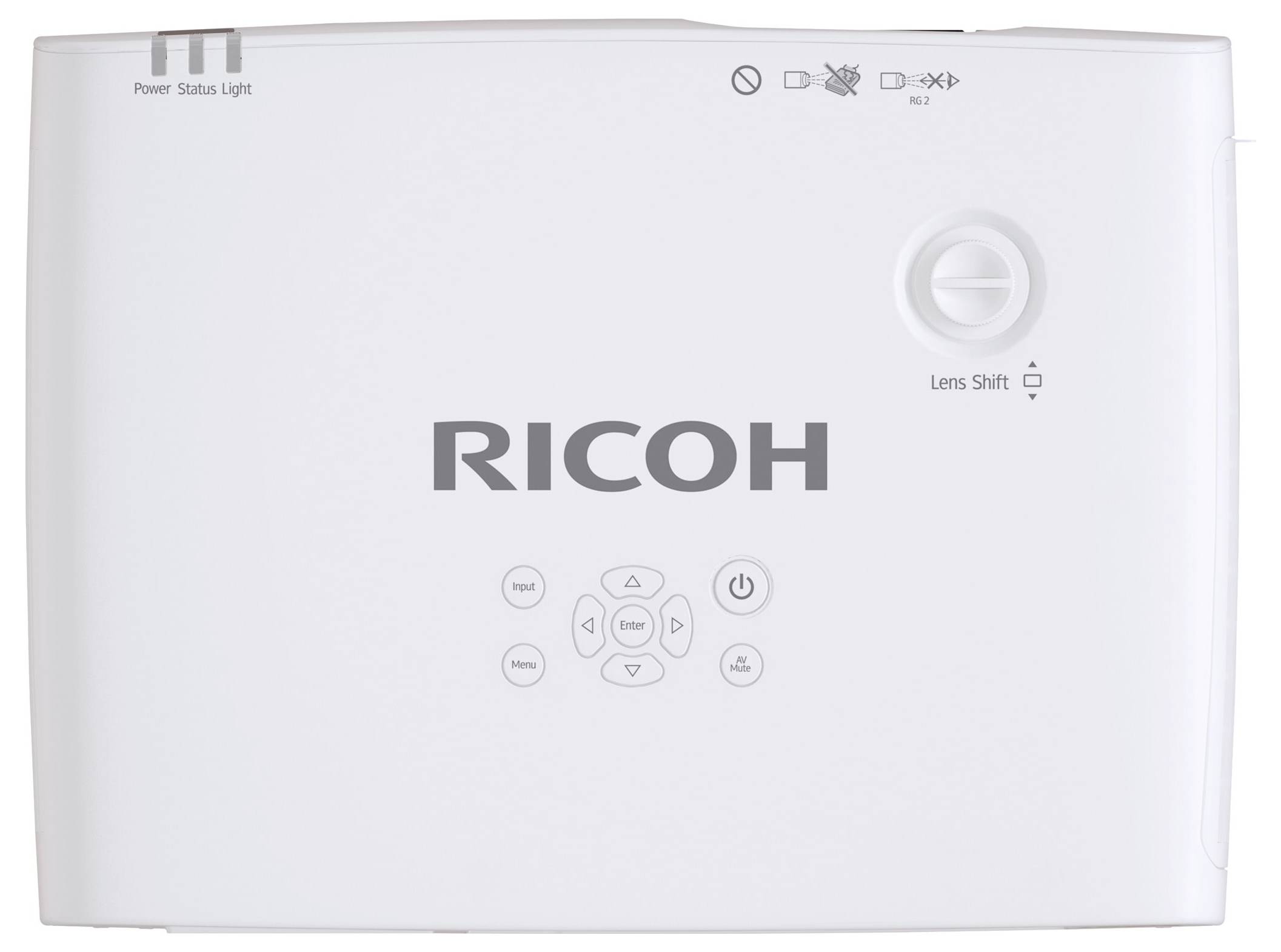 Vorderansicht eines weißen Ricoh-Projektors mit Stromversorgung-/Statusleuchte, Steuertasten und Objektivverschiebungsregler.