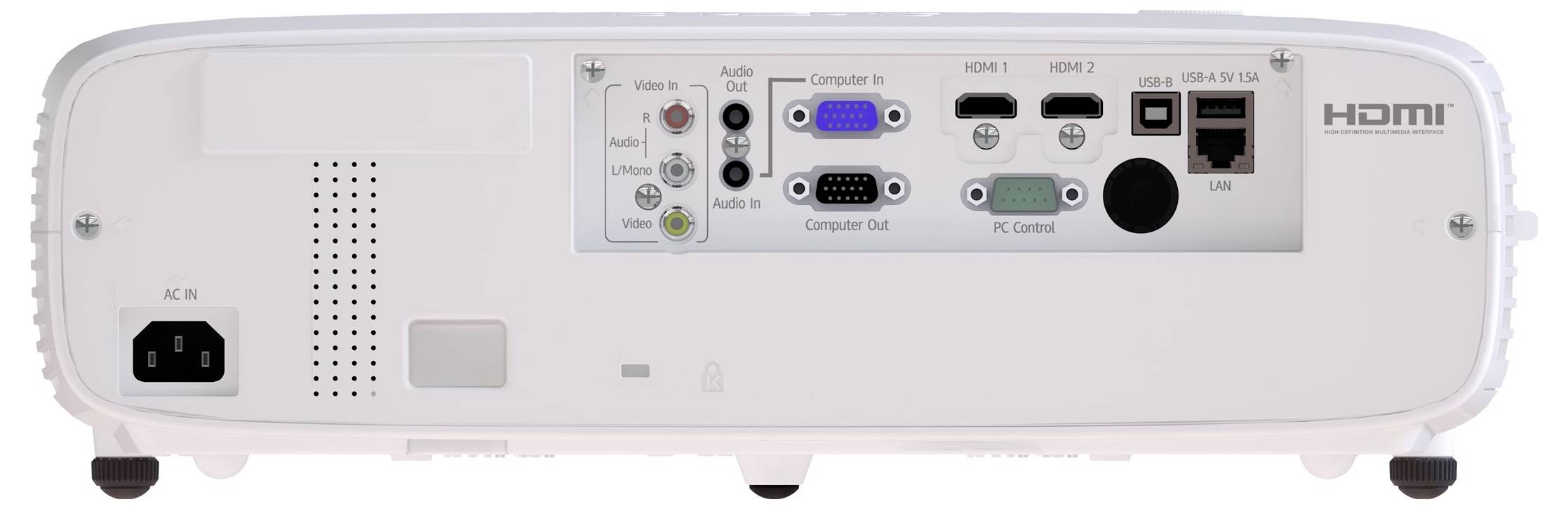 Rückseite eines Projektors mit Stromeingang, Lüftung, Audiobuchsen, VGA-Computer-Ein-/Ausgänge, HDMI-Anschlüsse, USB, LAN und PC-Steuerungsverbindungen.
