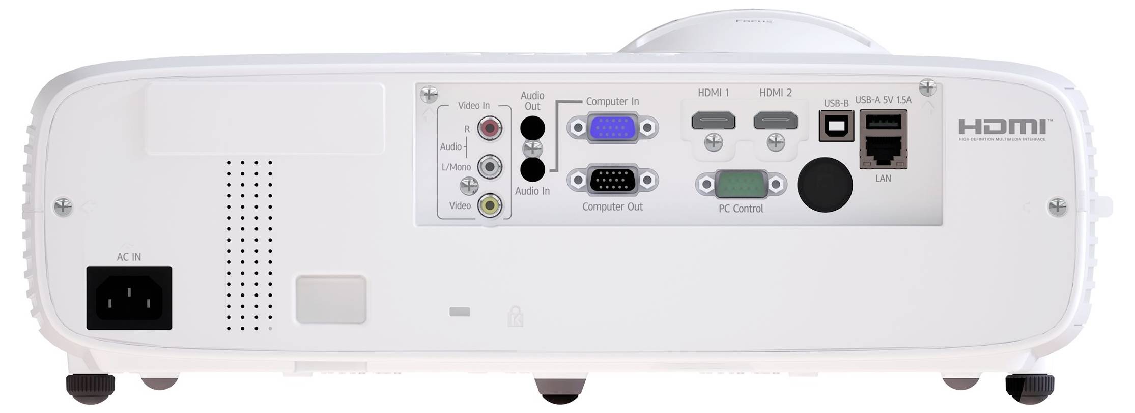 Rückansicht eines weißen Projektors mit Stromeingang, Audioanschlüssen, Computer-/Videoeingängen, HDMI-Anschlüssen, USB und LAN-Verbindungen.