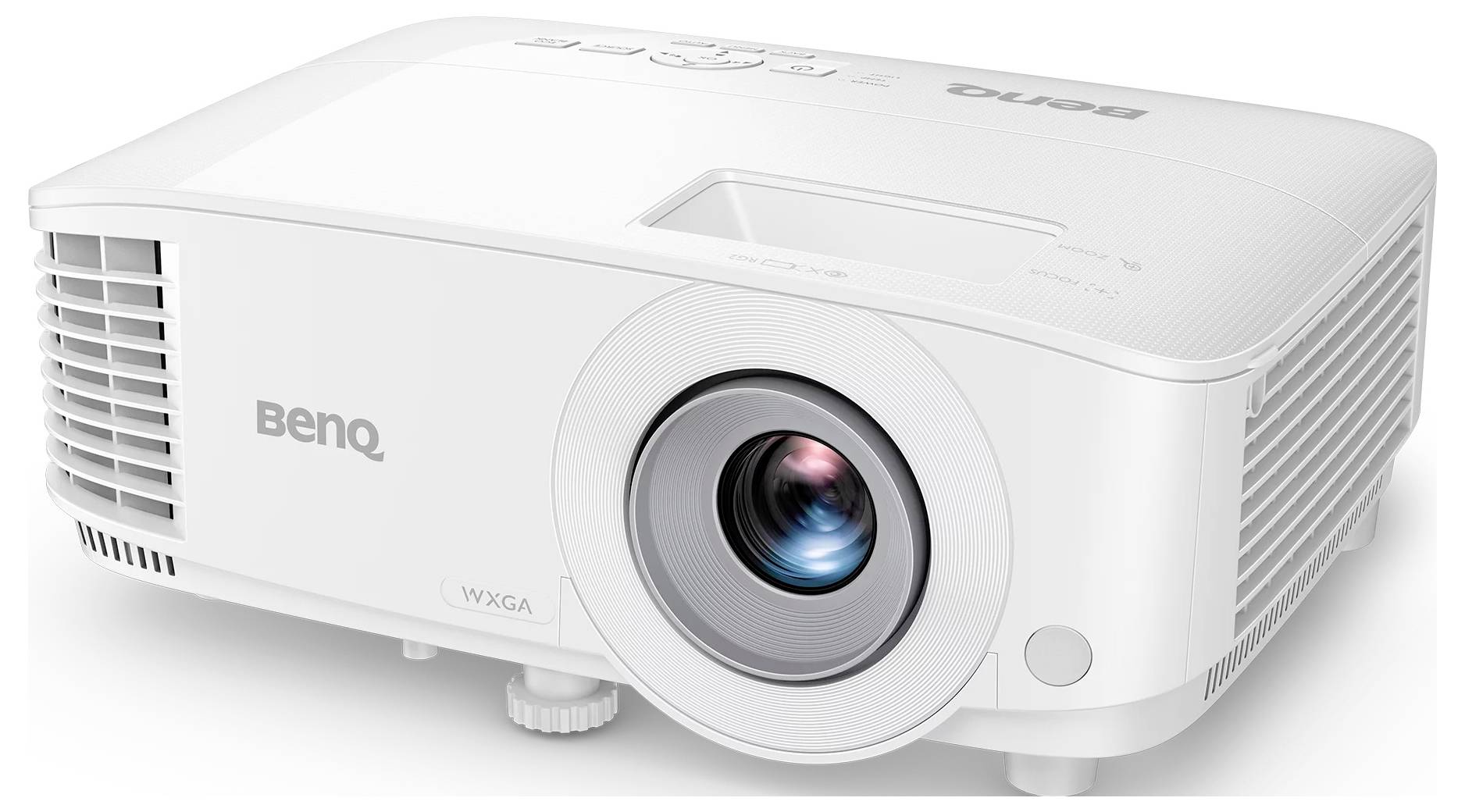 Weißer BenQ WXGA-Projektor mit Objektiv und vorderen Lüftungsöffnungen, im schrägen Winkel auf einem einfachen Hintergrund gezeigt.