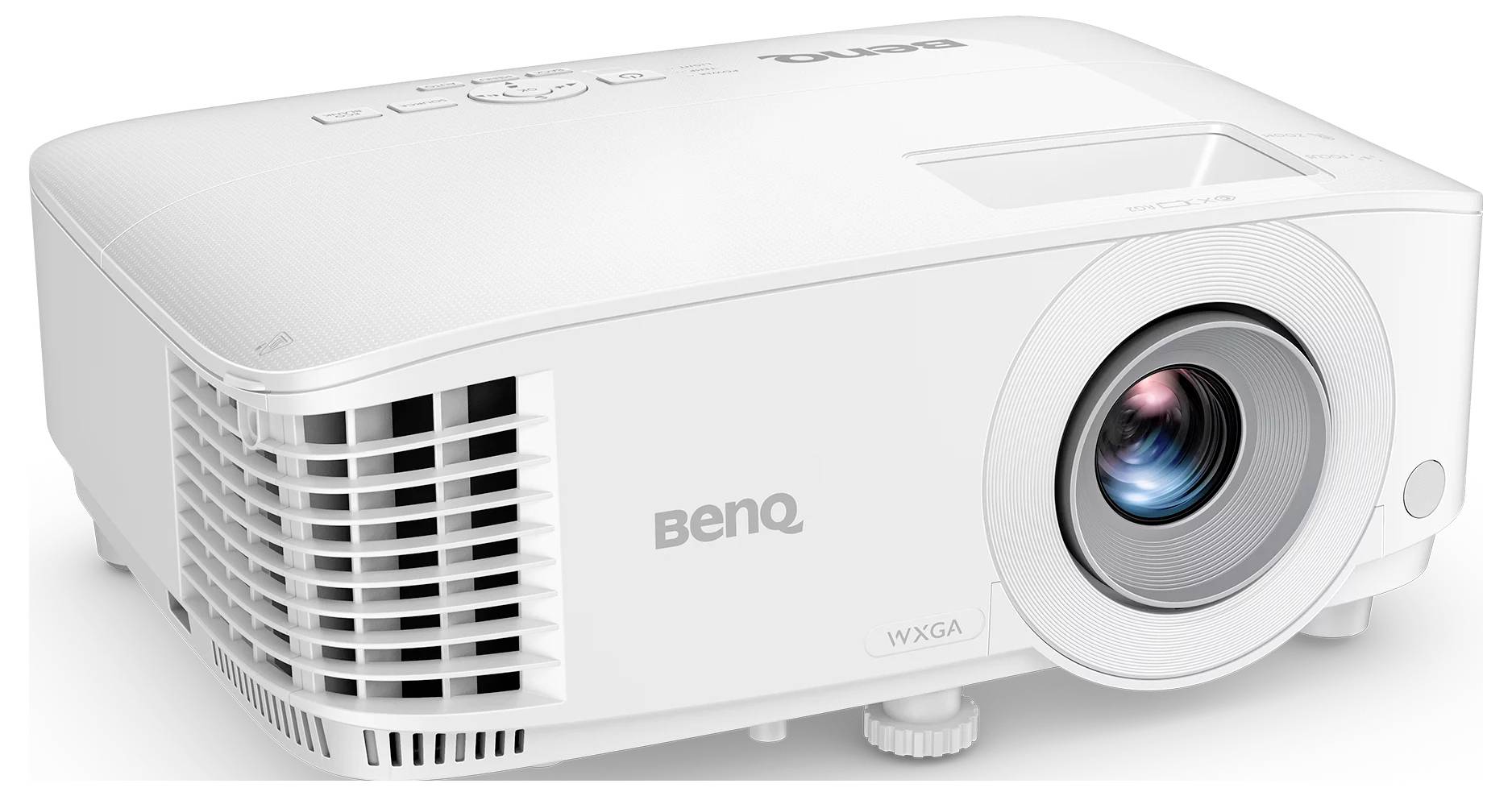 Weißer BenQ WXGA Multimedia-Projektor in Vorderansicht, mit Objektiv auf der rechten Seite und Lüftungsgitter auf der linken Seite.