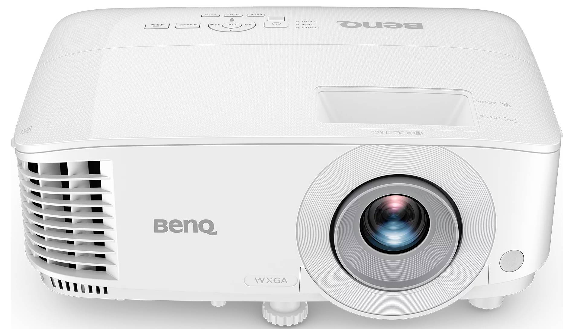 Weißer BenQ WXGA-Projektor mit vorderem Objektiv, Belüftungsgitter und oberen Bedientasten auf einfachem Hintergrund.