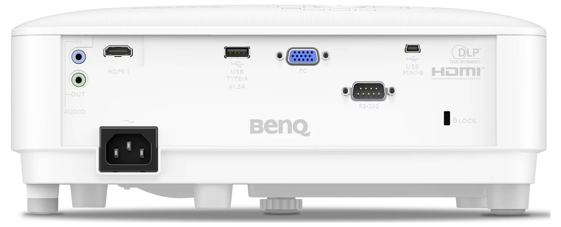 Rückansicht eines BenQ DLP-Projektors, die Eingänge zeigt, einschließlich HDMI, VGA, USB, Audiobuchsen, seriell und Stromanschluss.