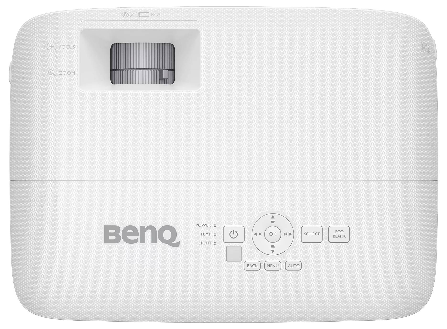 Weißer BenQ-Projektor von oben betrachtet, mit Linsenkontrollfeld, Ein-/Ausschalter und Navigationstasten sowie Fokus-/Zoommarkierungen.