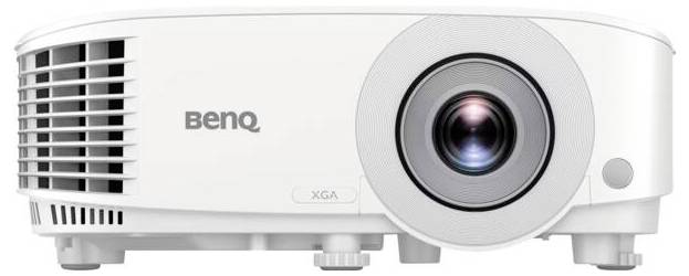 Weißer BenQ XGA-Projektor von vorne gezeigt, mit Objektiv rechts und Lüftungsgitter links.