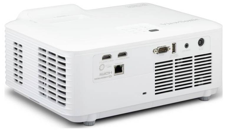 Weißer Multimediaprojektur von hinten gezeigt, mit HDMI-, USB-, Ethernet-, Audio- und Stromanschlüssen sowie Belüftungsgittern.
