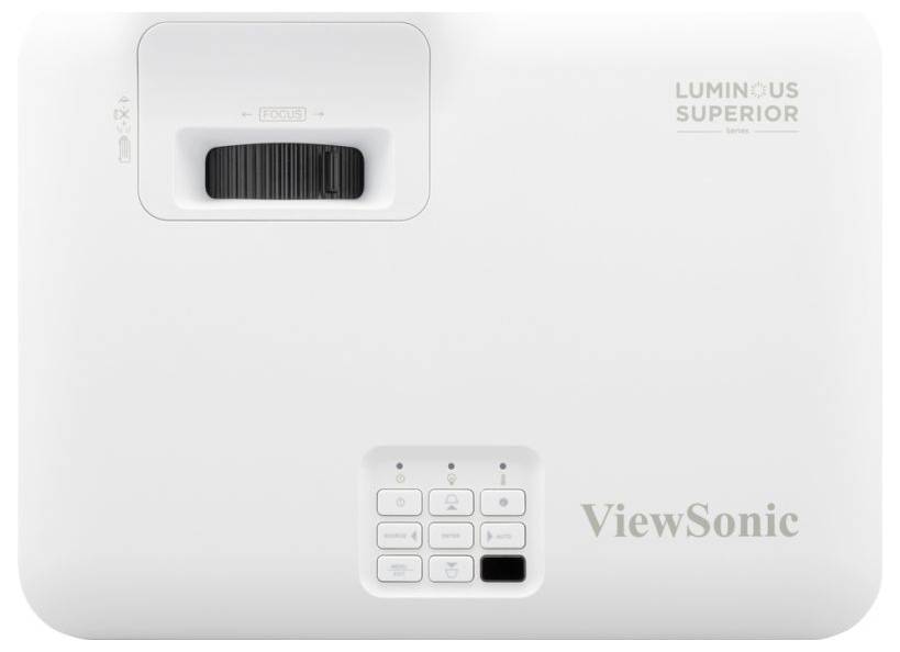 ViewSonic Projektor in Weiß von oben fotografiert, mit Objektiv oben links, Steuertasten in der Nähe der unteren Mittelmitte und der Marke „LUMINOUS SUPERIOR
