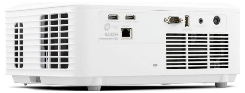 Weißer Multimediaprojektoren von hinten gezeigt, mit Lüftungsgittern und Anschlüssen einschließlich HDMI, Ethernet, VGA, USB, Audio und Stromversorgung.