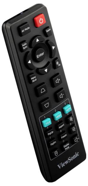 ViewSonic TV-Fernbedienung mit Stromschalter, Navigations-, Enter-, Lautstärke-, Kanal- und Eingabetasten auf einer schwarzen tragbaren Fernbedienung.