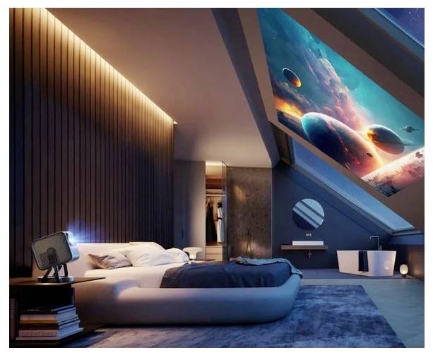 Futuristisches Schlafzimmer mit einem flachen Bett, warmer Wandbeleuchtung und einem großen geneigten Himmelsfenster-Display, das eine farbenfrohe Weltraumszene zeigt.