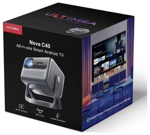 Verpackung für den Ultimea Nova C40 All-in-One Smart Android TV Projektor, der das Gerät und eine Heimkinoszene auf der Verpackung zeigt.