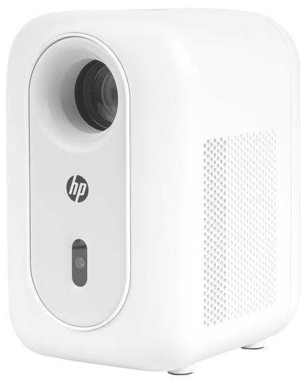 Tragbarer HP-Beamer von vorne gezeigt, mit Objektiv auf der linken Seite, HP-Logo in der Mitte und Lautsprechergitter auf der rechten Seite.