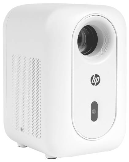 Weißer HP-Kompaktprojektor in Frontalansicht, mit großem Objektiv, Belüftungslöchern und HP-Logo auf neutralem Hintergrund.
