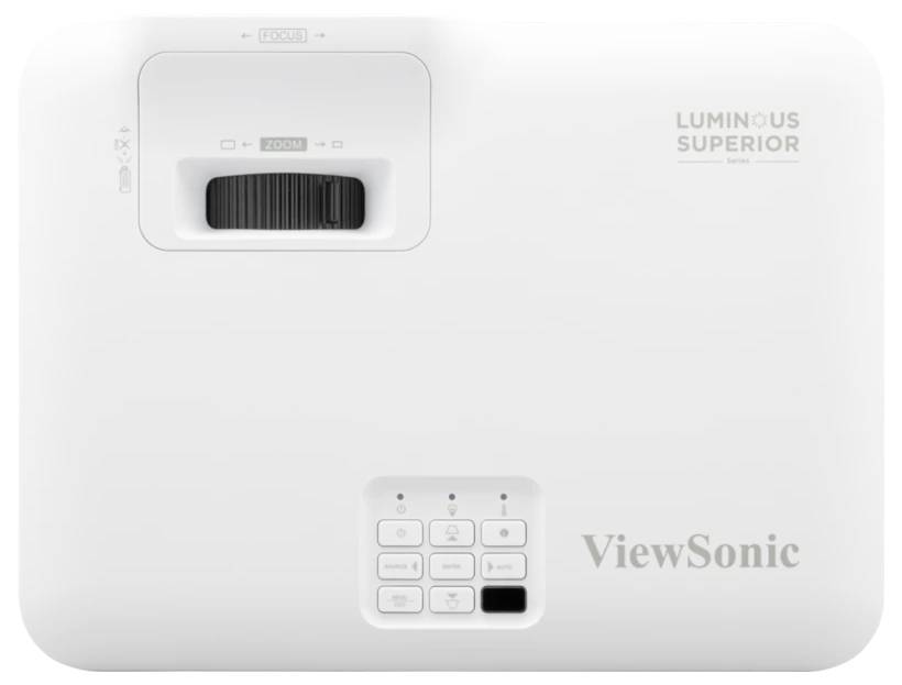 Draufsicht eines weißen ViewSonic-Projektors mit Objektiv, Steuertasten und sichtbarem "LUMINOUS SUPERIOR"-Branding.