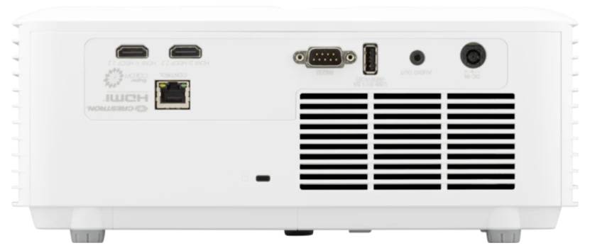 Rückansicht eines weißen Projektors mit HDMI-, USB-, LAN-, VGA-, Audio- und Stromanschlüssen sowie Kühlungsöffnungen.