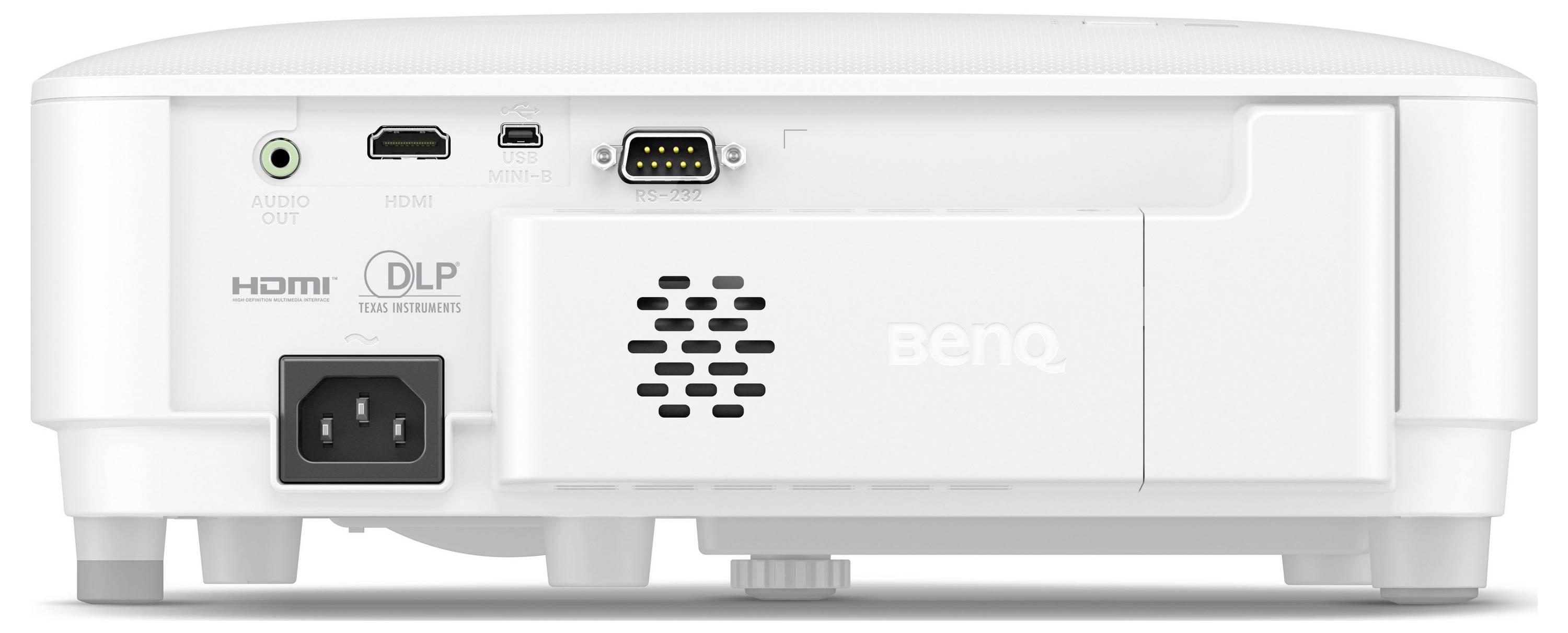 Vorderansicht eines weißen BenQ DLP-Projektors mit HDMI-, Audio- und Stromanschlüssen auf der Rückseite.