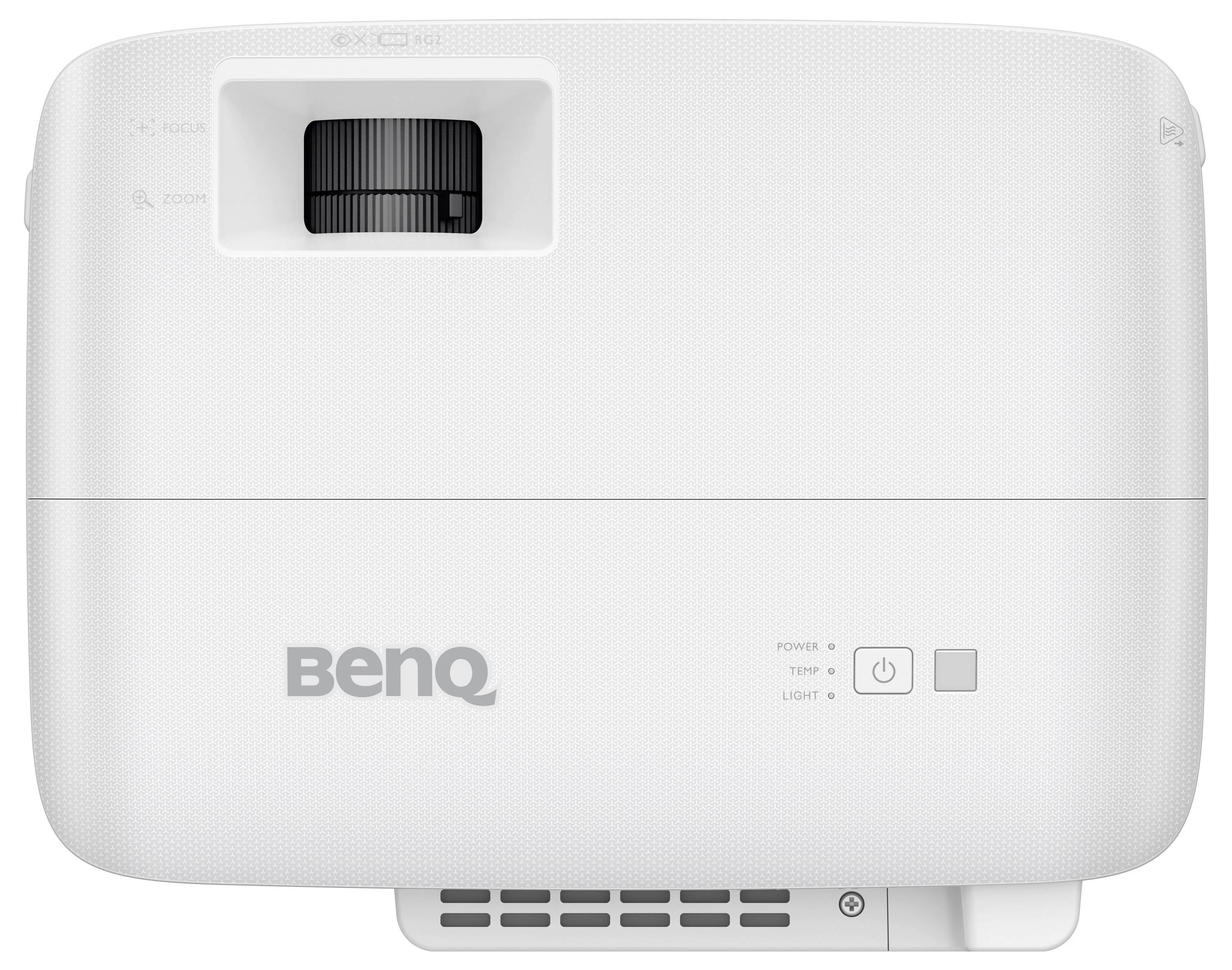 Weißer BenQ-Projektor von vorne betrachtet, mit eingelassenem Objektiv oben und Ein-/Ausschalter sowie Statusanzeigen unten rechts.