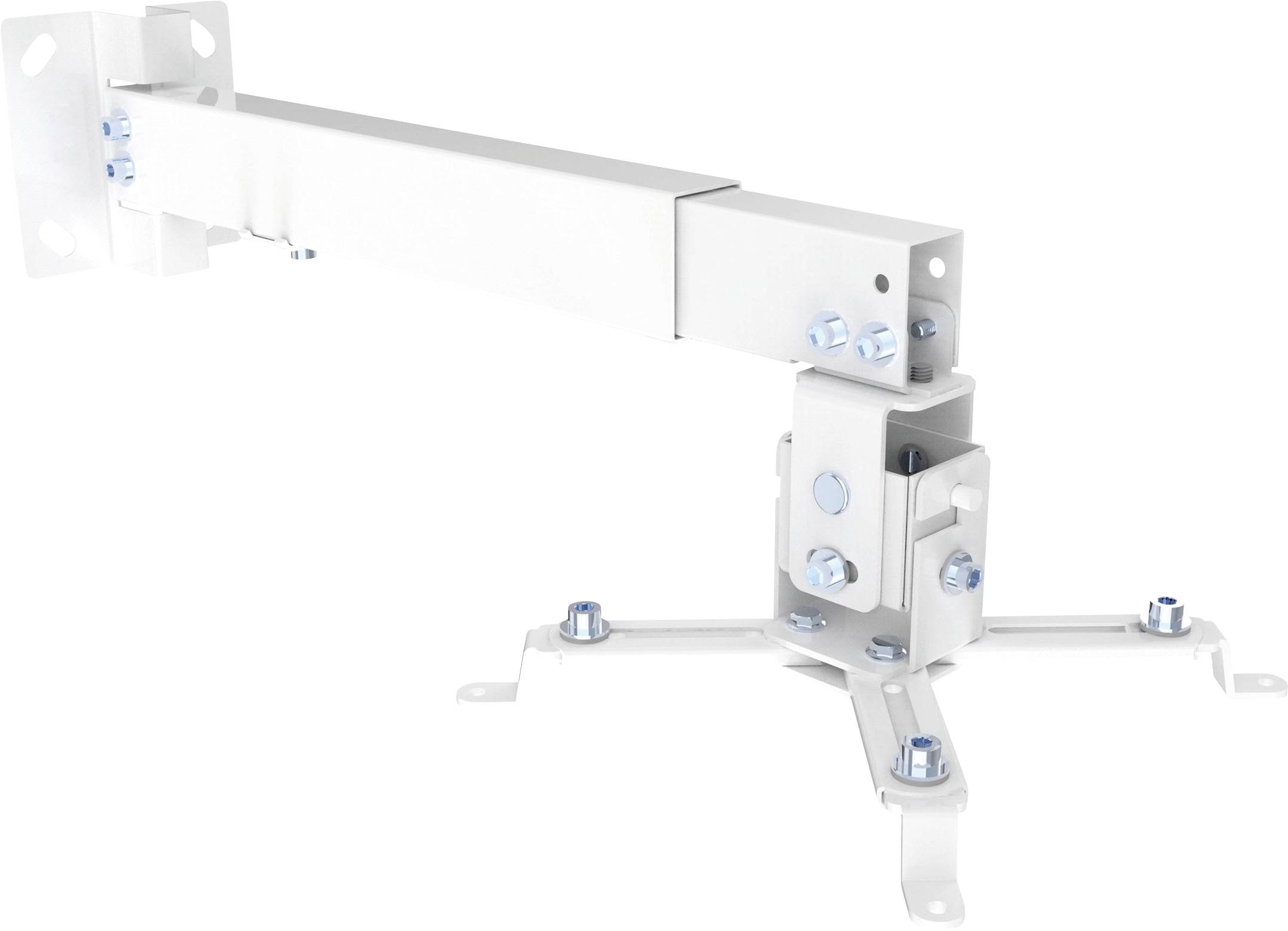 Weiße an der Wand montierte Projektorhalterung oder TV-Halterung aus Metall mit verstellbarem Arm und Basisplatte auf einfachem Hintergrund.