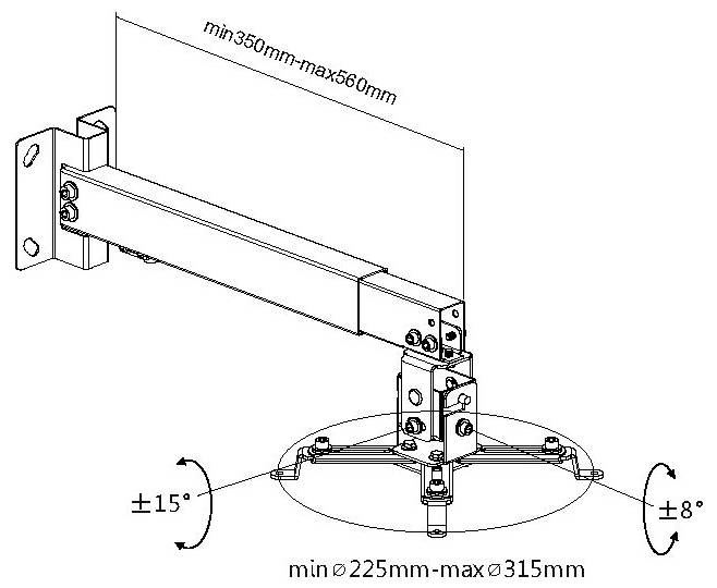 Technisches Diagramm einer wandmontierten verstellbaren Halterung mit Größenbereichen: Armlänge min. 350 mm bis max. 560 mm und Basisdurchmesser min. 225 mm bis max. 315 mm mit Neigungswinkeln ±15° und ±8°.