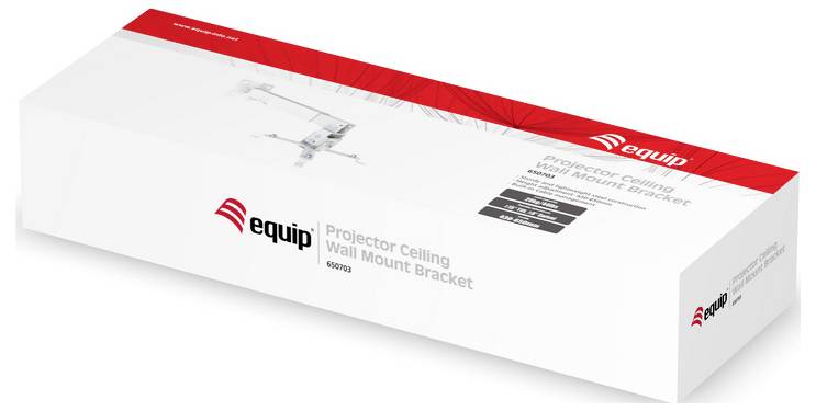 Verpackung für eine Equip-Projektordecken-/Wandhalterung, gezeigt in Weiß mit rotem Band und Produktabbildung.