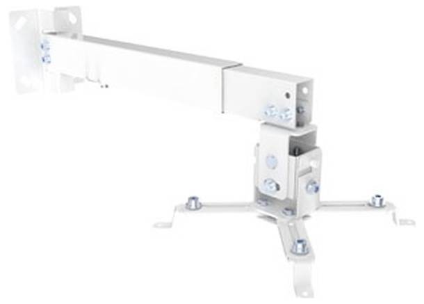 Weiße Metallmontageklammer mit langem horizontalem Arm und verschraubter Grundplatte auf neutralem Hintergrund.