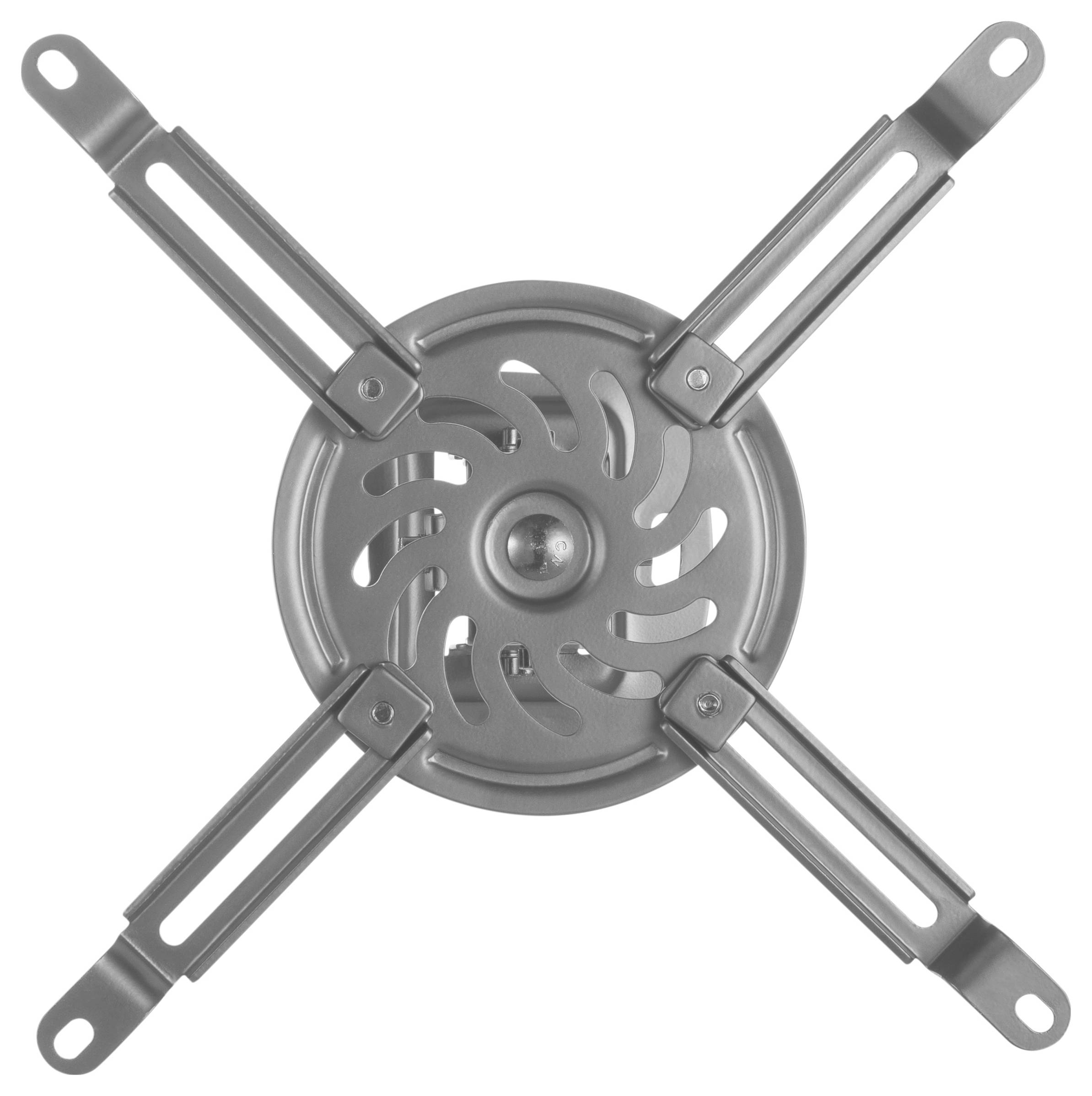 Metalldeckenventilator-Montageklammer mit vier verstellbaren Armen, die in einer X-Form um eine zentrale Kreisplatte angeordnet sind.
