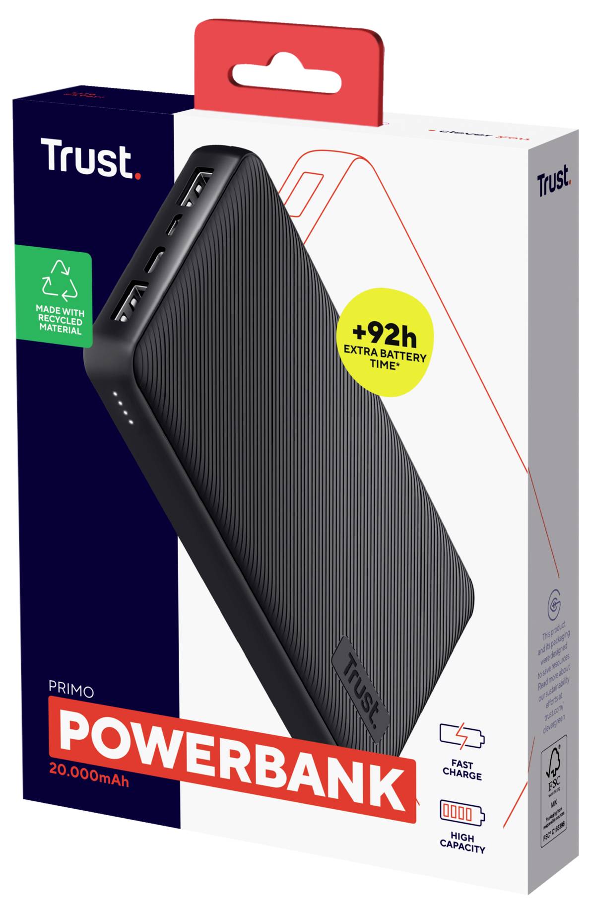 Trust Primo Powerbank Verpackung mit einer schwarzen 20.000 mAh Powerbank, mit „92 Stunden zusätzliche Akkulaufzeit
