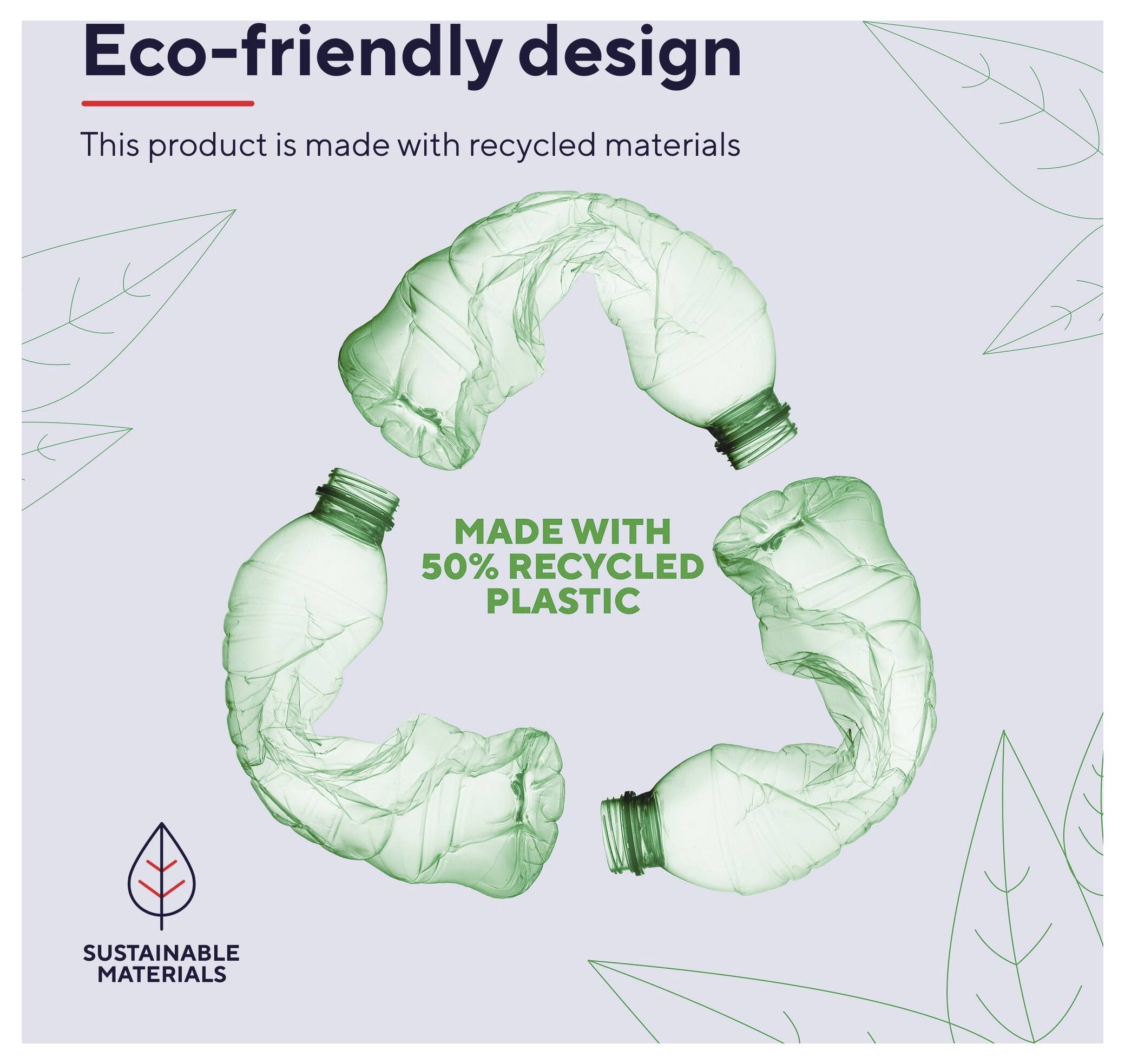 Umweltfreundliches Designplakat mit einem Recycling-Symbol aus zerkleinerten Plastikflaschen mit dem Text „Hergestellt aus 50 % recyceltem Kunststoff